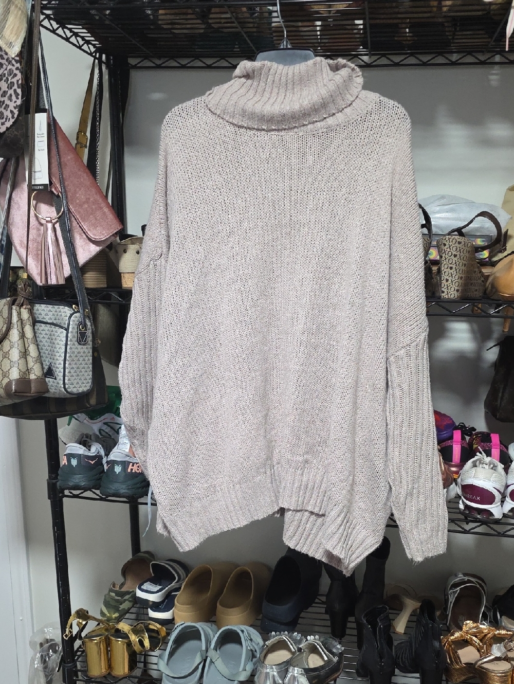 SHEIN Oversized Ribbed Turtleneck Sweater - Taupe